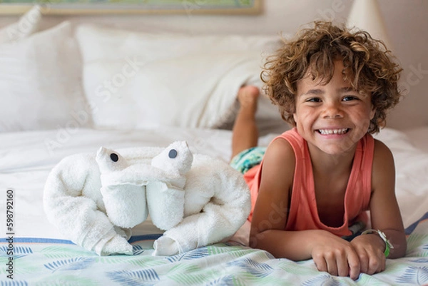 Fototapeta Beautiful young diverse boy sitting on  bed in a cruise ship next to a towel animal. Enjoying a fun cruise vacation in his luxury cruise ship cabin with his family