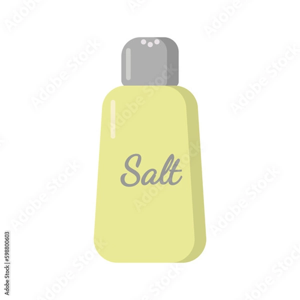 Obraz Yellow salt shaker isolated on white background. Flat kitchen tool. Cartoon tableware. Vector illustration of cutlery. Icon item for eating