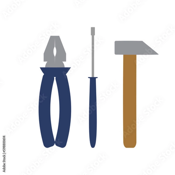 Obraz Building tools. Hammer, screwdriver, pliers. Collection of flat clip arts. Cartoon bundle of construction tools. Vector illustration