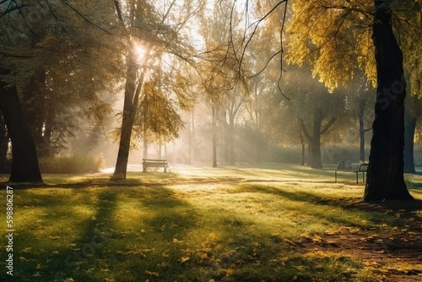 Fototapeta beautiful morning light in public park with green grass field