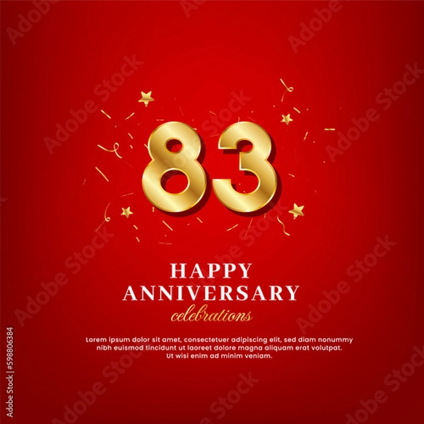 Fototapeta 83 years of golden numbers, anniversary celebrating text, and anniversary congratulation text with golden confetti spread on a red background