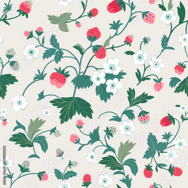 Fototapeta Strawberry background with flowers, wild berries, leaves. Vector seamless texture, illustration for summer cover, botanical wallpaper pattern, light beige background.