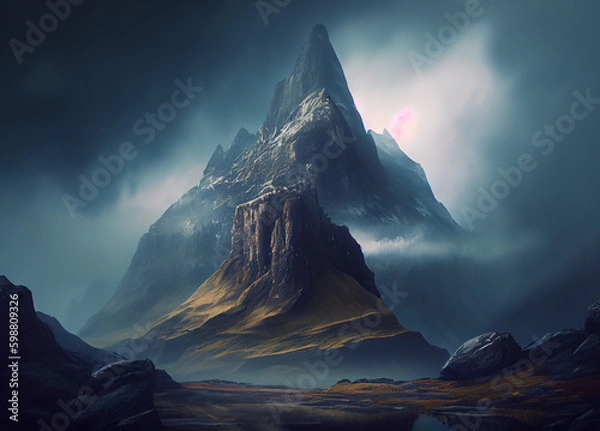 Fototapeta Nature's Mountain Peaks: A Mesmerizing Mountain Landscape Featuring a Snowy White Peak Veiled in a Ballet of Clouds