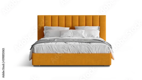 Obraz Modern double bed on isolated white background. Furniture for the modern interior, minimalist design. Textile. 