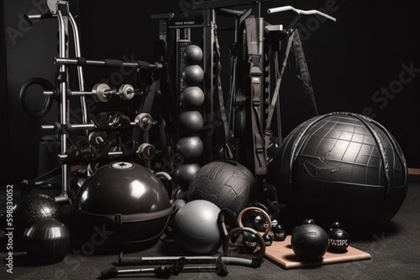 Fototapeta Fitness equipment on a dark background with copy space