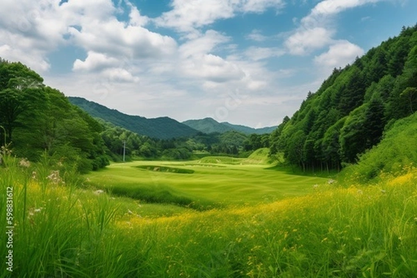 Fototapeta Panorama View of Golf Course with putting green in Hokkaido, Japan. Golf course with a rich green turf beautiful scenery.