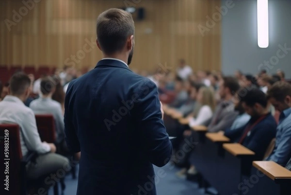 Fototapeta Young speaker speaks at a business conference or event, meeting room, meeting room. Generative AI
