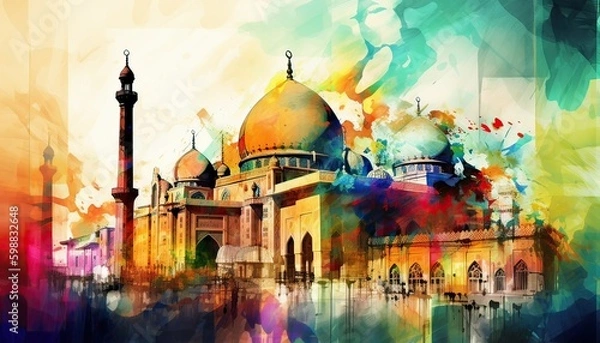 Fototapeta water color painting Arabic Islamic Typography design Mawlid al-Nabawai al-Sharif greeting card with dome and minaret of the Prophet's Mosque. Generative Ai