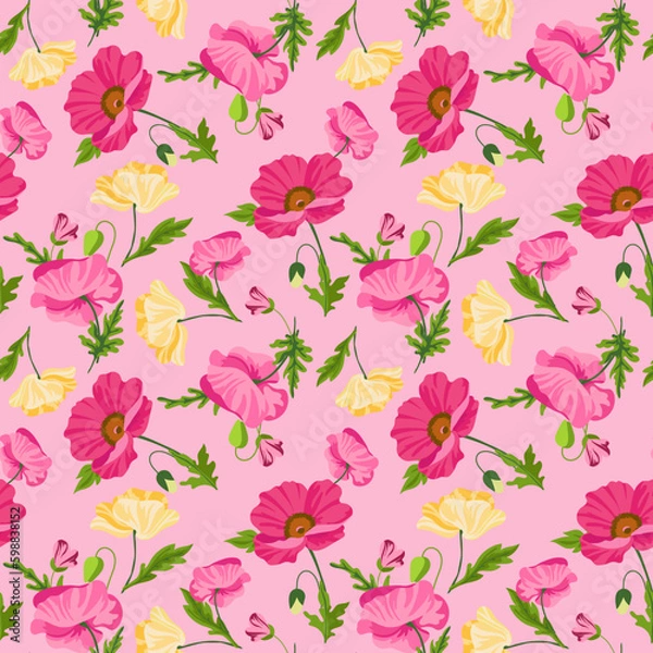 Obraz Seamless poppy flower pattern with hand drawn colored blooms on pink background. Floral ornament for background, wallpaper, greeting card, packaging, printing, fabric, textiles. Vector illustration. 