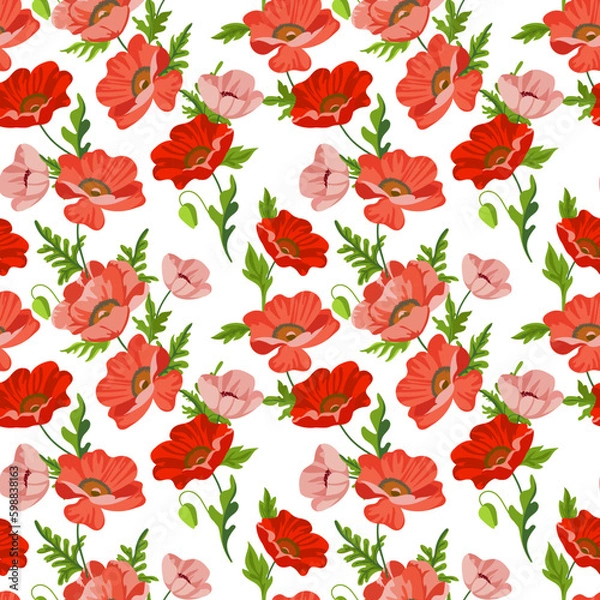 Fototapeta Seamless poppy flower pattern with hand drawn colored blooms on white  background. Floral ornament for background, wallpaper, greeting card, packaging, printing, fabric, textiles. Vector illustration.