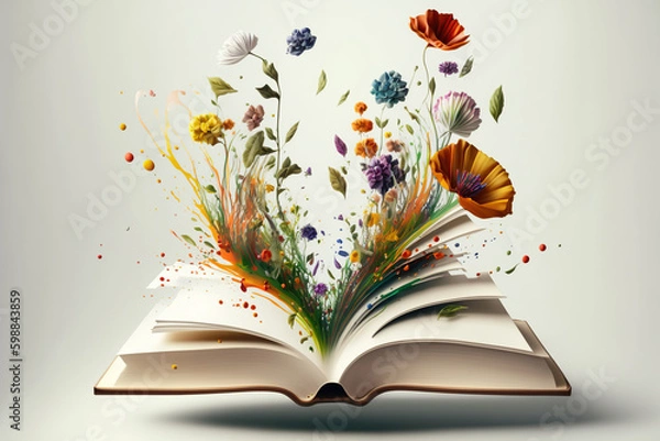 Fototapeta Open book with fantastic levitation glowing colorful flowers splash on white background, beautiful, World book day, knowledge and creativity concept, spring, summer mood.