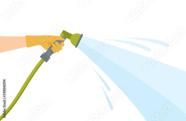 Fototapeta A hand in a rubber glove holding a hose with a stream of water. Vector illustration in flat style
