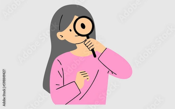 Fototapeta Business woman illustration. A woman is making observations with a magnifying glass. A woman observing with a magnifying glass, copy space