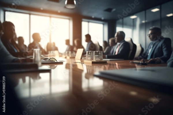 Obraz Business concept. Business meeting in boardroom. Blurred people on background. Team meeting in office near table. Generative AI