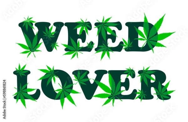 Fototapeta vector decorative green lettering weed lover with cannabis leaves pattern, marijuana, logo for weed lovers 