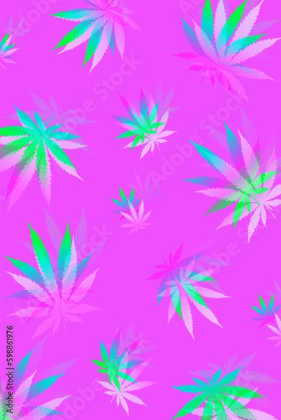 Fototapeta vector bright purple neon background with marijuana leaves, cannabis leaves with hallucinogenic effect