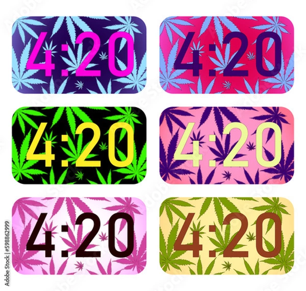 Fototapeta set of bright neon backgrounds with cannabis leaves, background with marijuana, lettering 420 on a bright background with weed for stoners