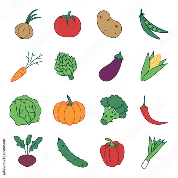 Fototapeta set of color vector icons with vegetables, bright simple vector images of vegetable ingredients