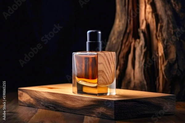 Fototapeta Perfumery, luxury wood fragrance concept made with perfume bottle on wooden pedestal. Created with Generative AI technology.