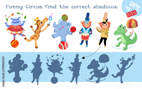 Fototapeta Find correct shadow. Educational puzzle game for children. Set of cute circus animals. Cartoon isolated character for design on white background. Vector illustration.
