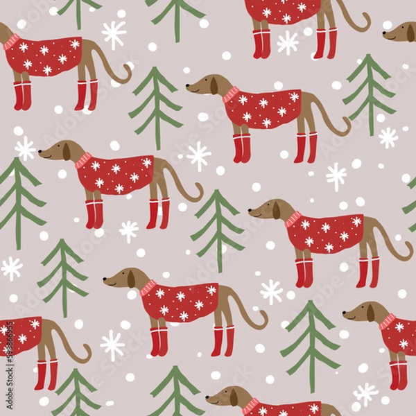 Obraz Christmas seamless pattern with dog wearing christmas clothes and abstract christmas tree on brown background. Use for wallpaper, textile and print.
