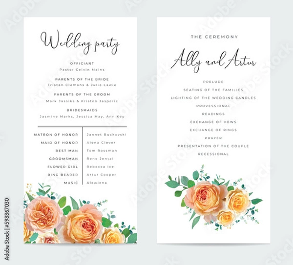 Fototapeta Floral wedding party, ceremony program card. Peach, orange, yellow color rose flowers, green eucalyptus branches, leaves bouquet border. Watercolor, editable vector illustration. Elegant templates set