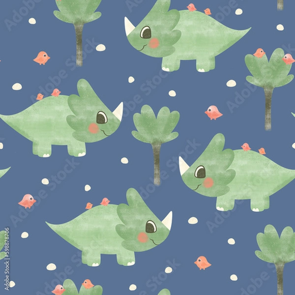 Fototapeta dinosaur pattern with palm trees and bird, triceratops seamless pattern design for children's textiles and clothing.
