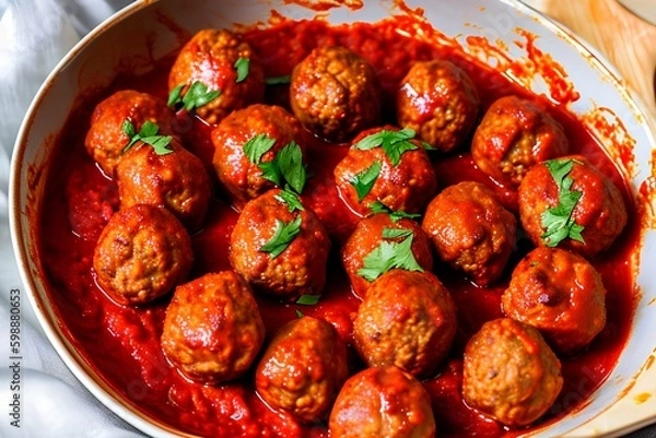 Obraz Spicy dumplings boiled in tomato sauce - generative ai