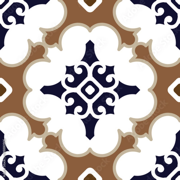 Obraz Tile pattern. Ceramic tiles. Vintage tiled. Seamless texture. Modern wallpaper. brown and white background for your design. floor ornament. Pottery folk print. Abstract floral endless. vector