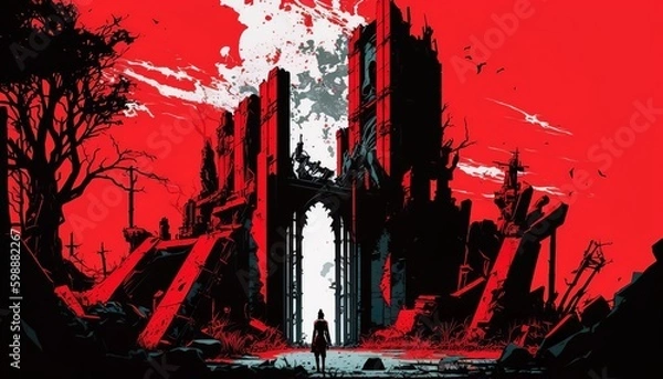 Fototapeta Anime style red gradient ancient city ruins in a post apocalyptic fantasy world. Generative AI