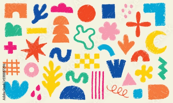 Obraz Big set of hand drawn various shapes and doodles pattern design elements. Abstract contemporary modern vector illustration in color pencil style.