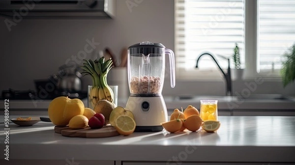 Fototapeta Modern blender with fresh fruits and cutting board on light kitchen Generative AI