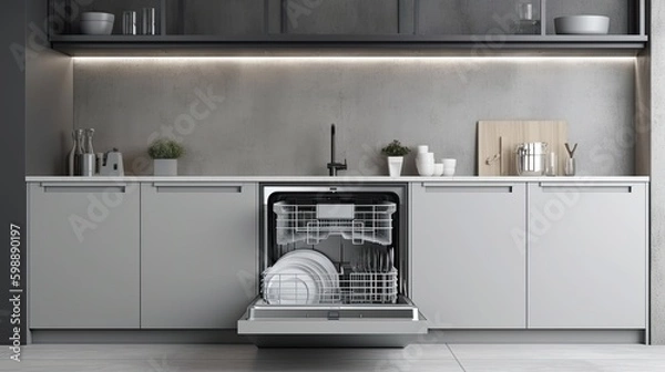Obraz Modern dishwasher on grey kitchen