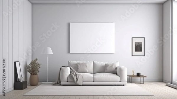 Fototapeta Interior of modern living room with white sofa and mock up poster on wall. 3D rendering