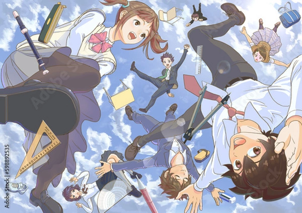 Obraz 見上げた空_降ってきた新入生たちが文房具にまみれて通学する新生活_キャラ有