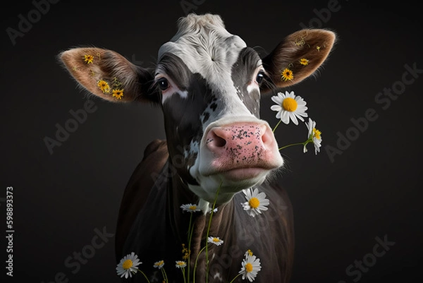 Fototapeta cow with flower. Generative AI