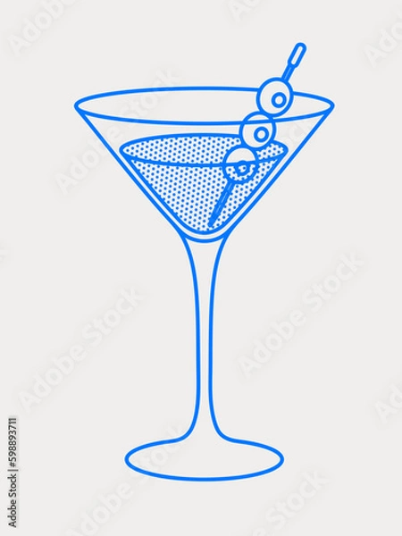 Fototapeta Martini cocktail with a skewer of olives. Line art, retro. Vector illustration for bars, cafes, and restaurants.