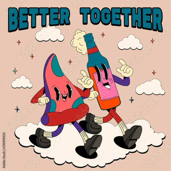 Obraz better together. Psychedelic, groovy retro cartoon pizza and beer character. Funny faces with vibrant colors. Crazy vector illustration.
