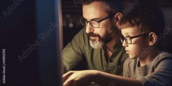 Obraz Vater erkärt Kind Umgang mit Computer KI