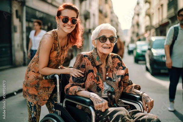 Obraz elderly modern woman sitting in a wheelchair having fun with a young caregiver. generative ai