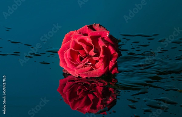 Obraz Water reflection of a red rose on a stone slab
