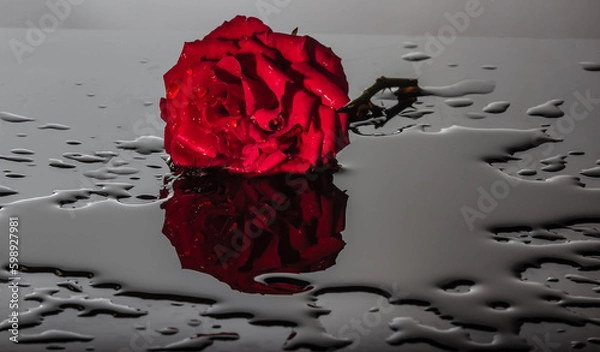 Obraz Water reflection of a red rose on a stone slab