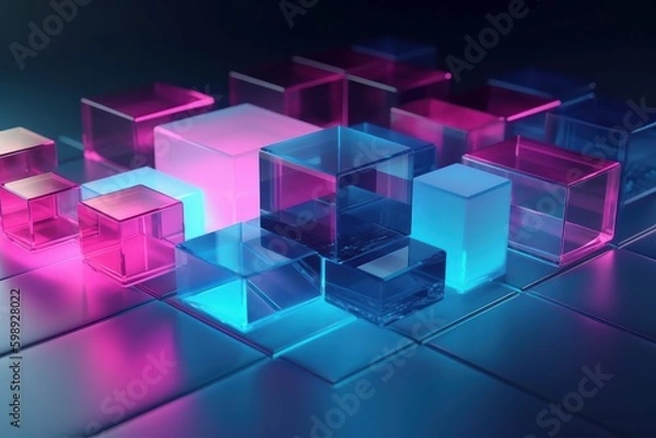 Fototapeta 3d rendering of abstract cubes in blue and pink light on dark background, generative Ai