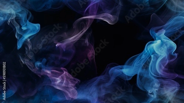 Fototapeta Glänzender Rauch. Glitzerflüssigkeit. Tintenwasser. Magischer Nebel. Blaue Farbpartikel Textur malen Dampfsturmwelle auf dunkelschwarzem abstraktem Hintergrund generative AI