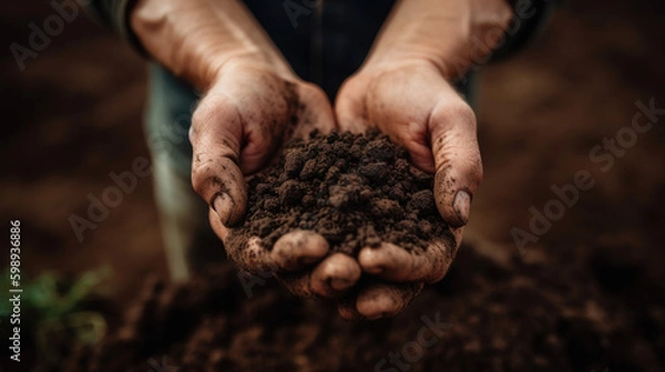 Fototapeta two hands hold fresh earth. Generative AI