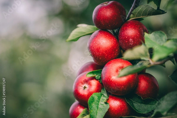 Obraz Red apples on tree ready to be harvested. Ripe red apple fruits in apple orchard. Selective focus.