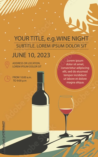 Obraz Banner or flyer with a bottle of wine and a glass of wine. Wine night or other event. Add your own text.