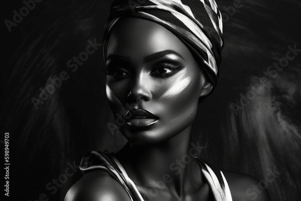 Fototapeta African woman model with her face painted like she's from an African tribe on dark background. Generative AI.
