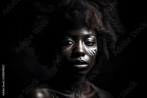 Fototapeta Black woman with her face painted like she's from an African tribe on dark background. Generative AI.