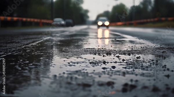 Fototapeta Wet at the middle of the road surface from the rain blurry bokeh background.